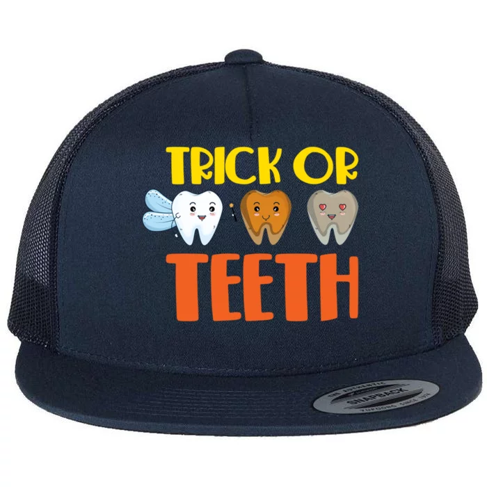 Trick Or Teeth Funny Halloween Dentist Dental Hygienist Gift Flat Bill Trucker Hat