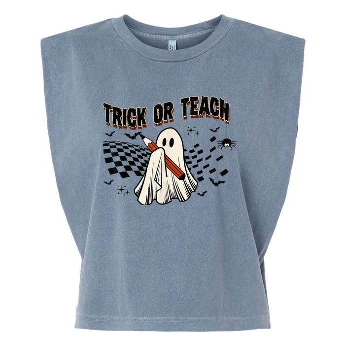 Trick Or Teach Funny Teacher Halloween Cute Ghost Costume Garment-Dyed Women's Muscle Tee