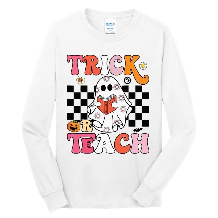 Trick Or Teach Groovy Halloween Retro Floral Ghost Teacher Tall Long Sleeve T-Shirt