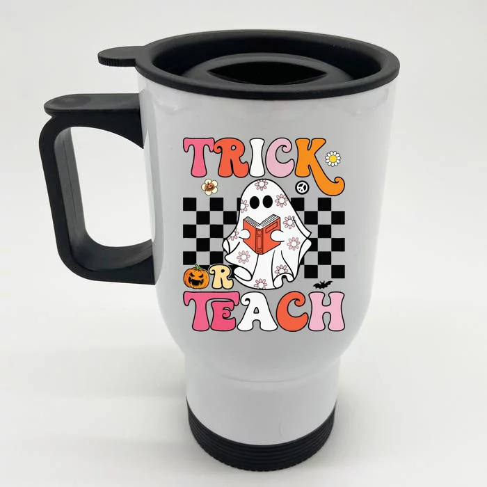 Trick Or Teach Groovy Halloween Retro Floral Ghost Teacher Front & Back Stainless Steel Travel Mug