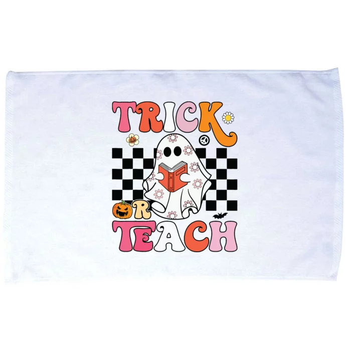 Trick Or Teach Groovy Halloween Retro Floral Ghost Teacher Microfiber Hand Towel