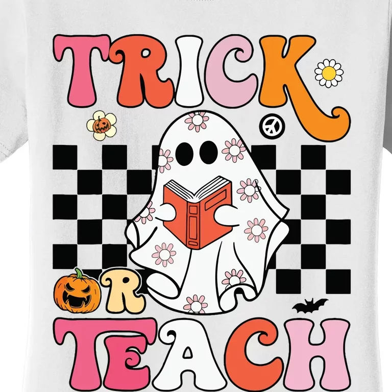 Trick Or Teach Groovy Halloween Retro Floral Ghost Teacher Women's T-Shirt