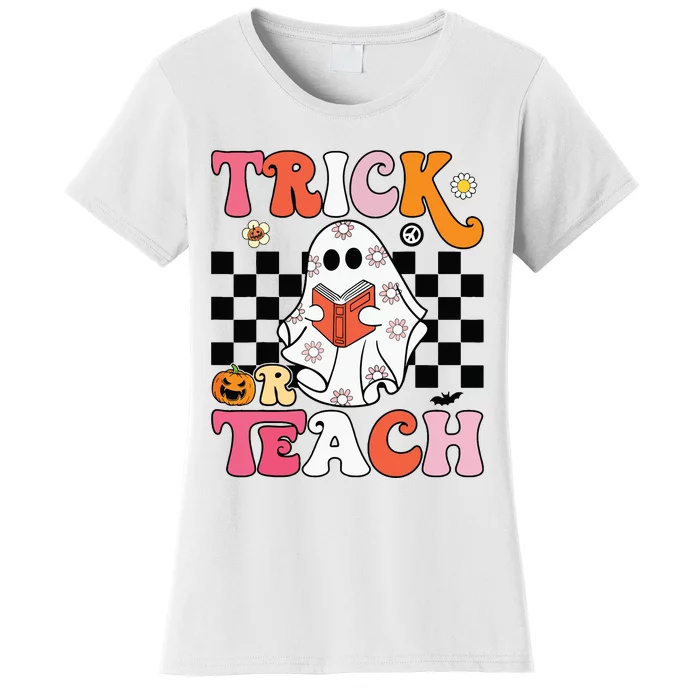 Trick Or Teach Groovy Halloween Retro Floral Ghost Teacher Women's T-Shirt