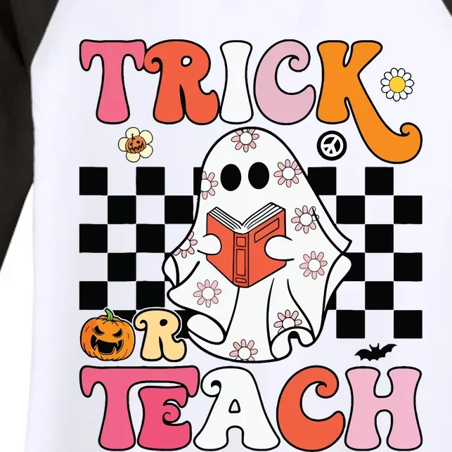 Trick Or Teach Groovy Halloween Retro Floral Ghost Teacher Women's Tri-Blend 3/4-Sleeve Raglan Shirt