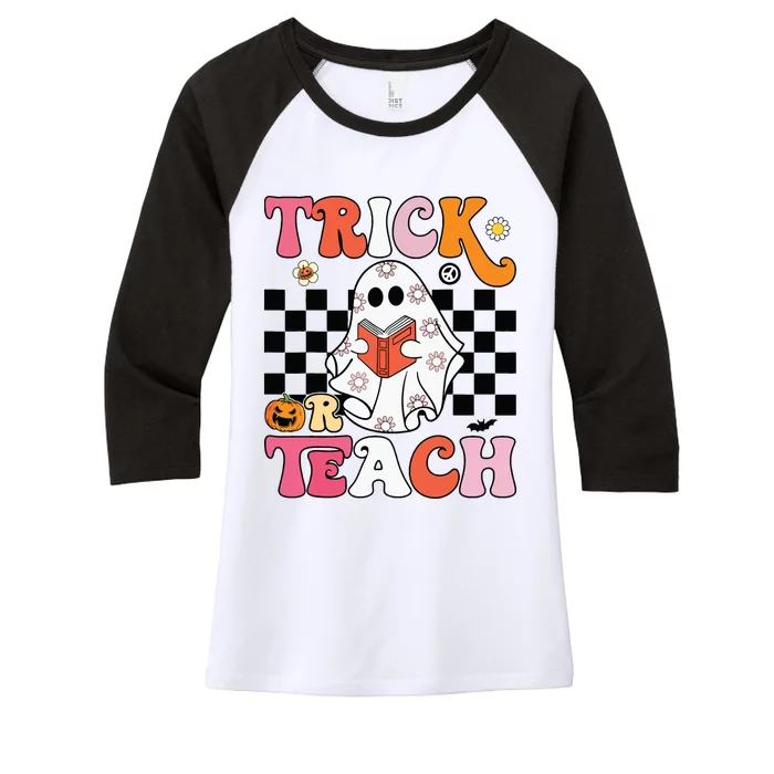 Trick Or Teach Groovy Halloween Retro Floral Ghost Teacher Women's Tri-Blend 3/4-Sleeve Raglan Shirt