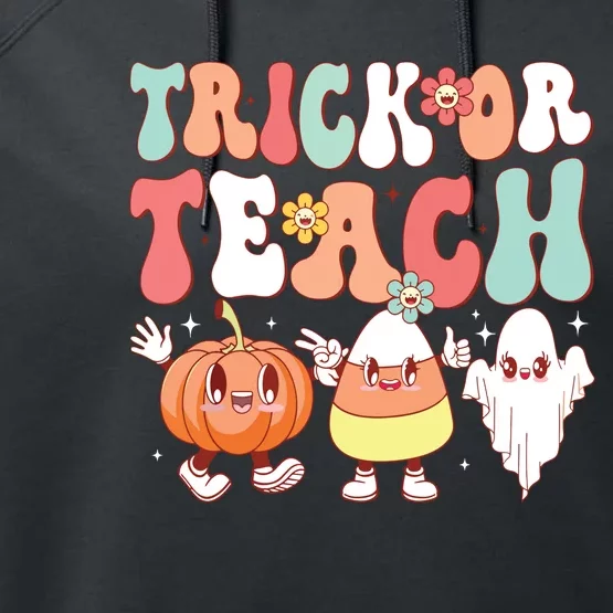 Trick Or Teach Groovy Halloween Retro Floral Ghost Teacher Performance Fleece Hoodie