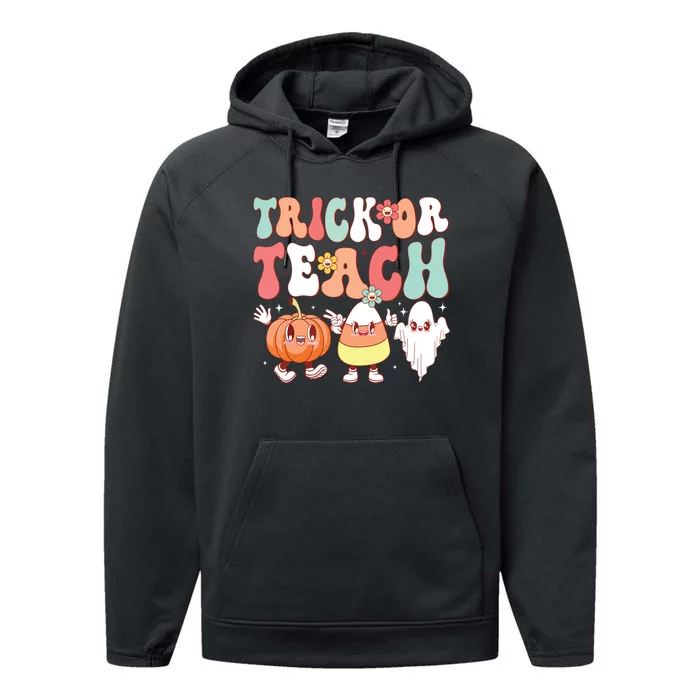 Trick Or Teach Groovy Halloween Retro Floral Ghost Teacher Performance Fleece Hoodie