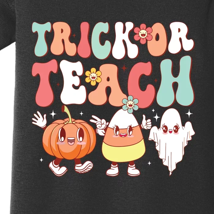 Trick Or Teach Groovy Halloween Retro Floral Ghost Teacher Baby Bodysuit