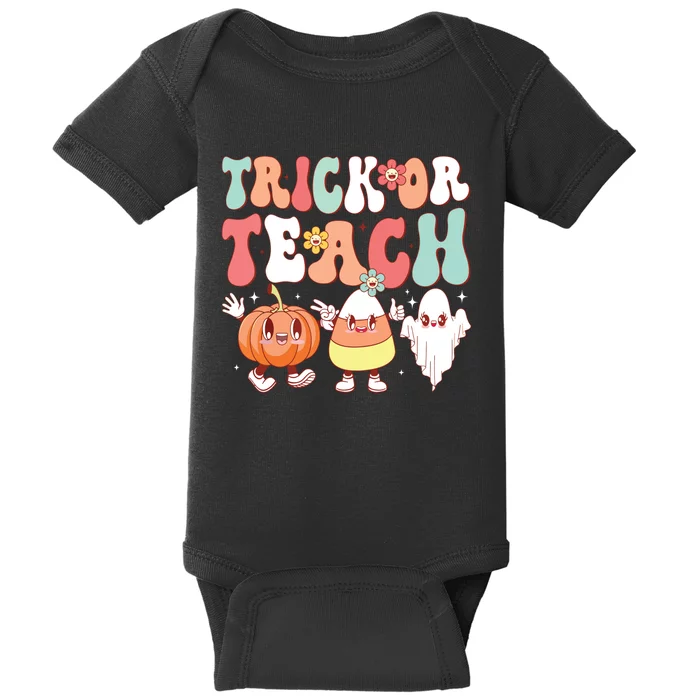 Trick Or Teach Groovy Halloween Retro Floral Ghost Teacher Baby Bodysuit