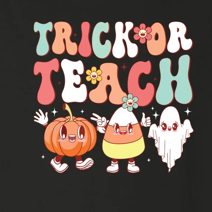 Trick Or Teach Groovy Halloween Retro Floral Ghost Teacher Toddler Long Sleeve Shirt