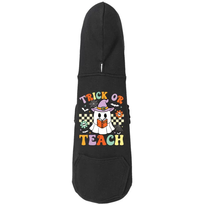 Trick Or Teach Groovy Teacher Halloween Retro Floral Ghost Doggie 3-End Fleece Hoodie