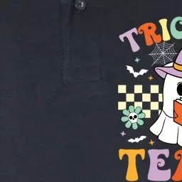 Trick Or Teach Groovy Teacher Halloween Retro Floral Ghost Softstyle Adult Sport Polo