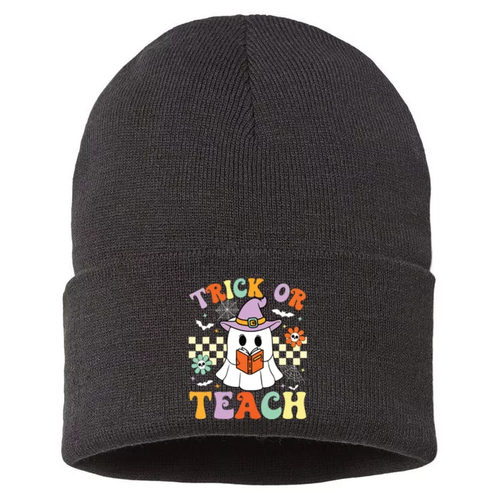 Trick Or Teach Groovy Teacher Halloween Retro Floral Ghost Sustainable Knit Beanie