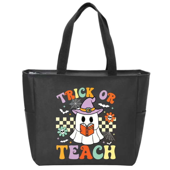 Trick Or Teach Groovy Teacher Halloween Retro Floral Ghost Zip Tote Bag