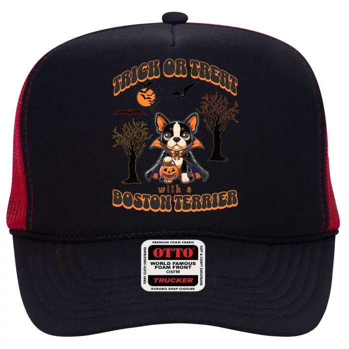 Trick Or Treat With A Boston Terrier Halloween Graphic High Crown Mesh Trucker Hat