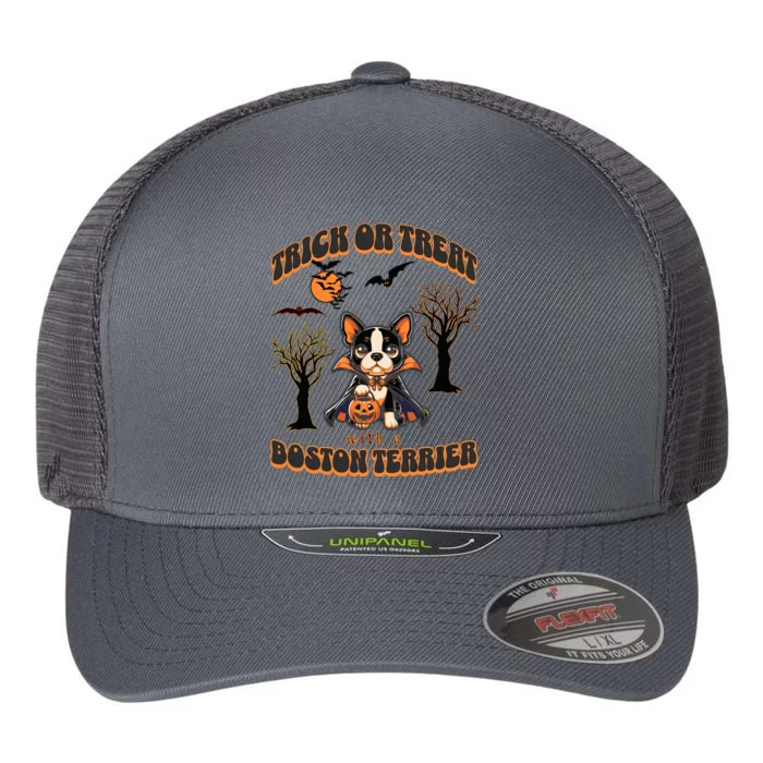 Trick Or Treat With A Boston Terrier Halloween Graphic Flexfit Unipanel Trucker Cap