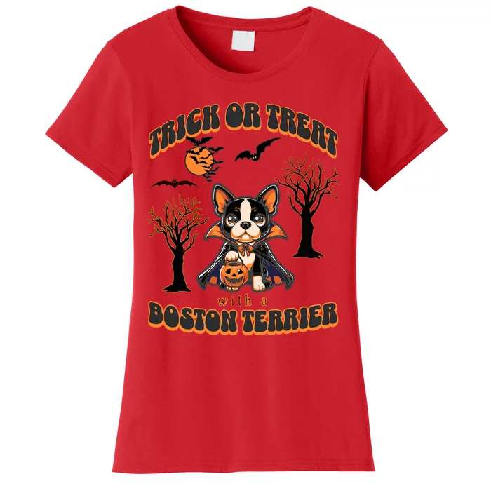 Trick Or Treat With A Boston Terrier Halloween Graphic Women's T-Shirt