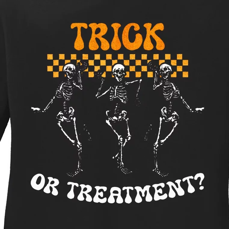 Trick Or Treatment Physical Therapy Skeleton PT Halloween Ladies Long Sleeve Shirt