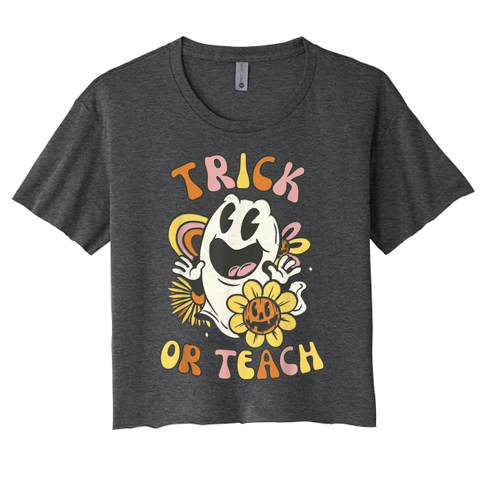 Trick or Teach Groovy Halloween Floral Ghost 60s 70s Teacher Women's Crop Top Tee