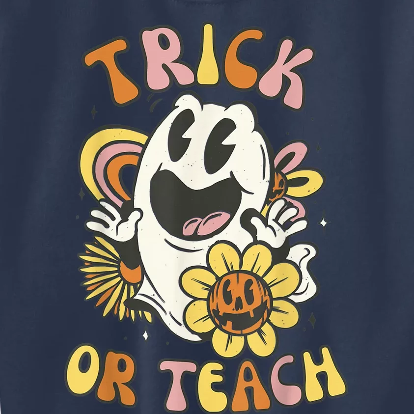 Trick or Teach Groovy Halloween Floral Ghost 60s 70s Teacher Kids Sweatshirt