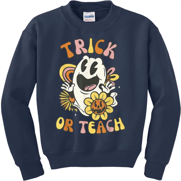 Trick or Teach Groovy Halloween Floral Ghost 60s 70s Teacher Kids Sweatshirt