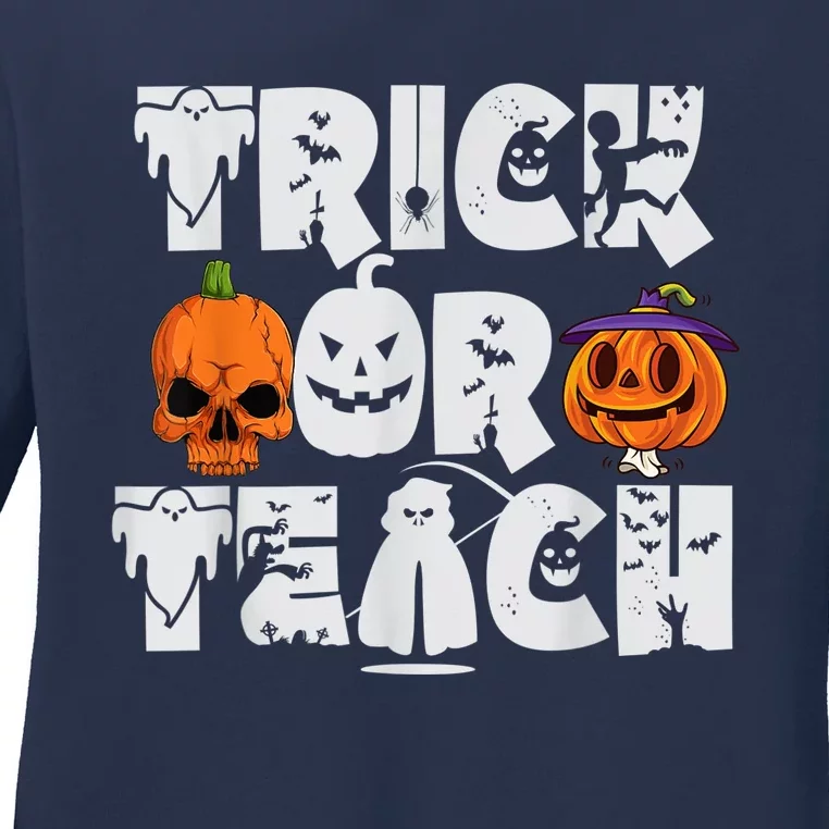 Trick Or Teach Funny Teacher Halloween Costume Pumpkin Ladies Long Sleeve Shirt