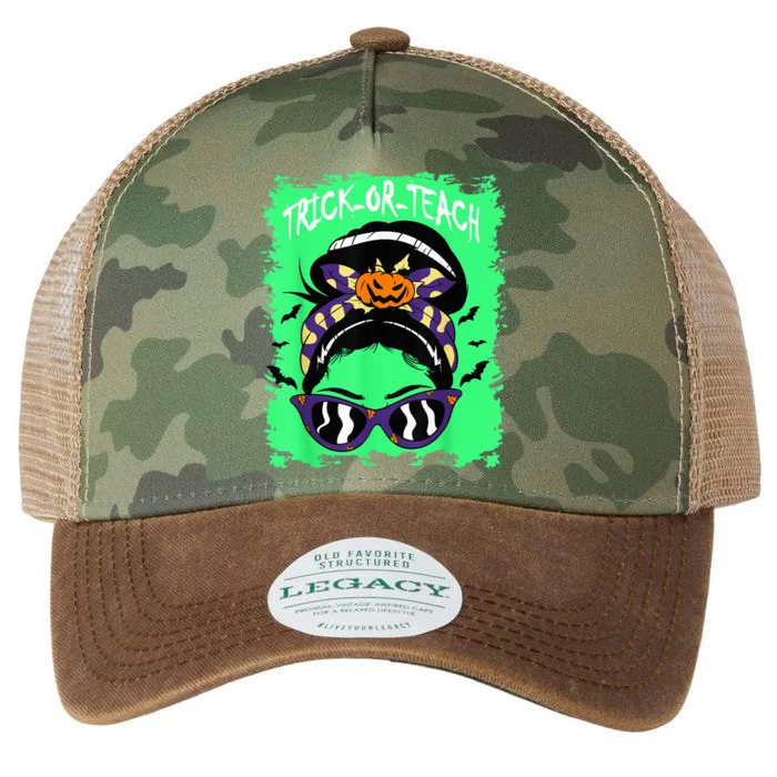 Trick or Teach Cute Halloween Teacher Messy Bun Retro Shades Legacy Tie Dye Trucker Hat