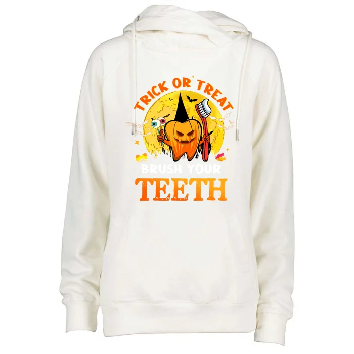 Trick Or Treat Brush Your Teeth Dental Dentist Halloween Meaningful Gift Womens Funnel Neck Pullover Hood