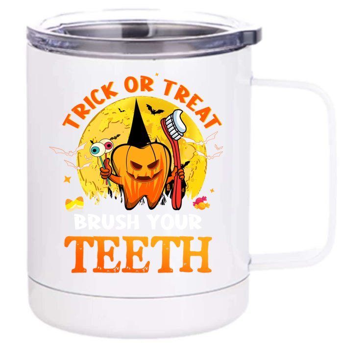 Trick Or Treat Brush Your Teeth Dental Dentist Halloween Meaningful Gift Front & Back 12oz Stainless Steel Tumbler Cup