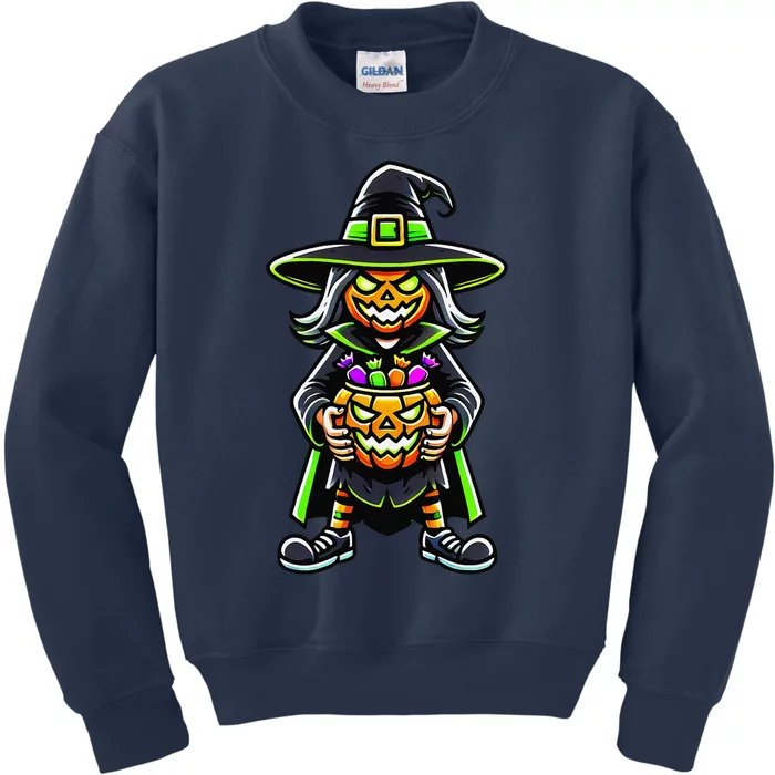 Trick Or Treat Witch Pumpkin Mask Halloween Festival Scary Kids Sweatshirt