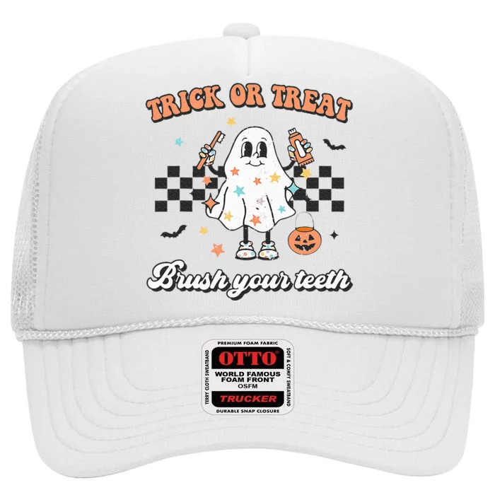 Trick Or Treat Brush Your Teeth Retro Halloween Cute Dentist High Crown Mesh Trucker Hat