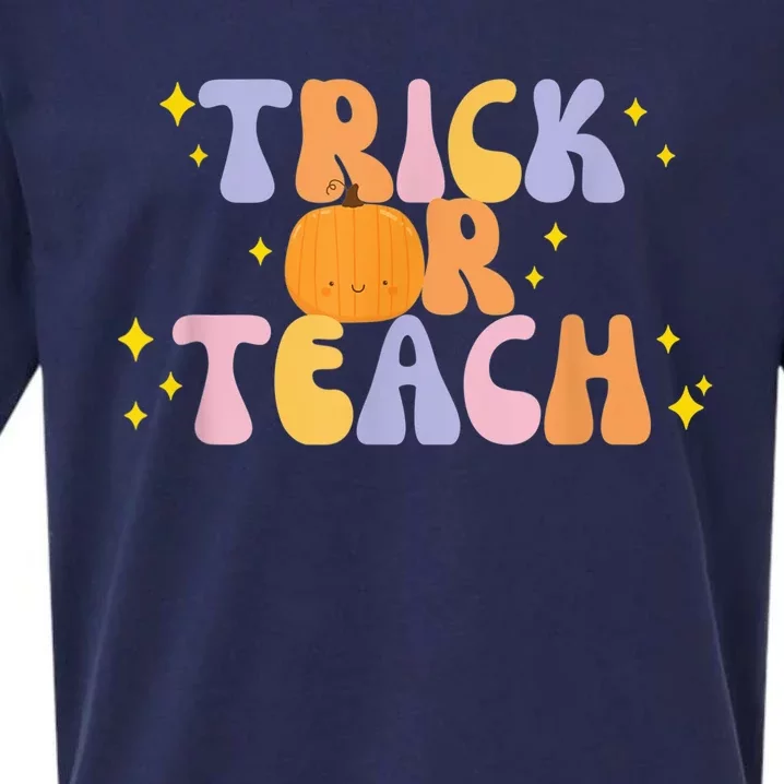 Trick or Teach Retro Groovy Halloween Cute Pumpkin Teacher Sueded Cloud Jersey T-Shirt