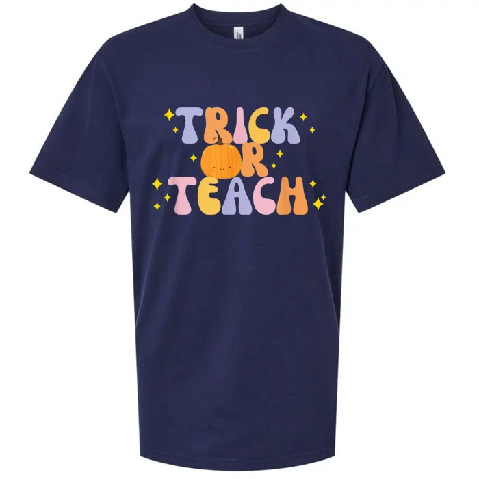 Trick or Teach Retro Groovy Halloween Cute Pumpkin Teacher Sueded Cloud Jersey T-Shirt