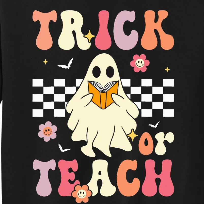 Trick Or Teach Groovy Halloween Retro Floral Ghost Teacher Sweatshirt