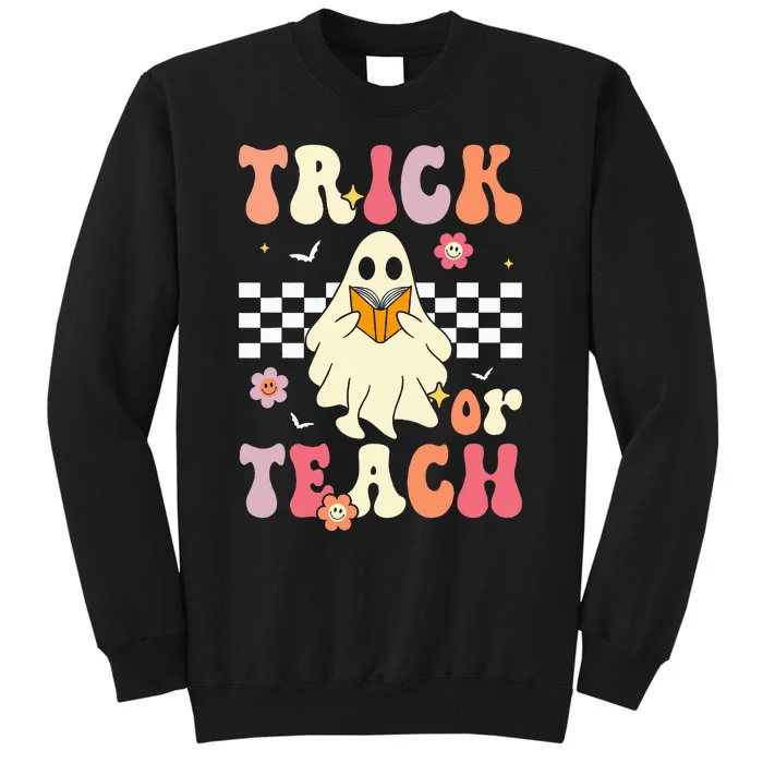 Trick Or Teach Groovy Halloween Retro Floral Ghost Teacher Sweatshirt