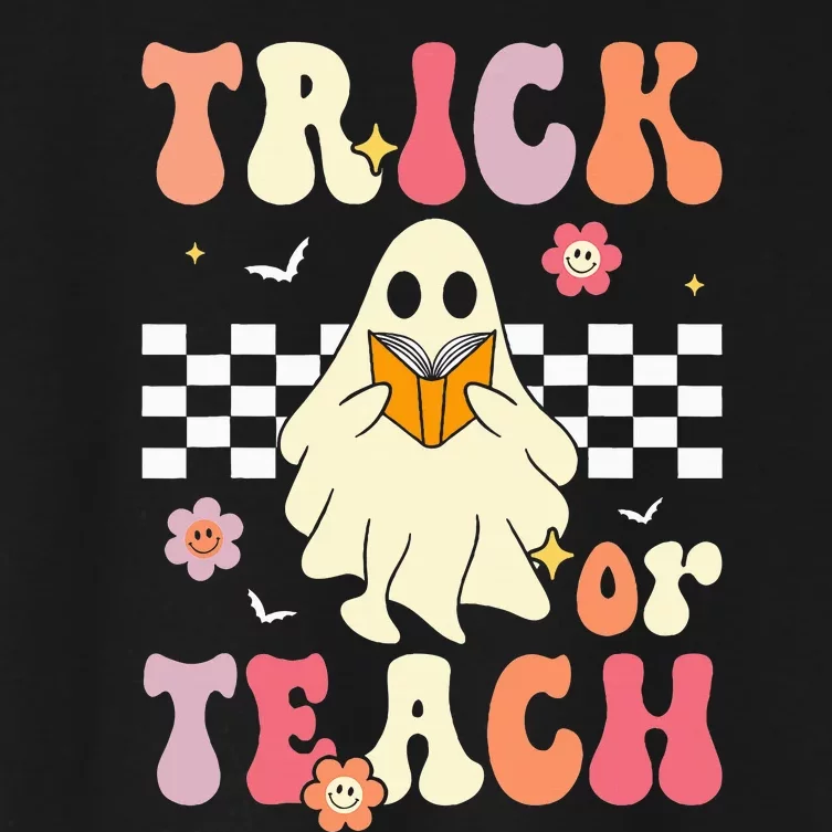 Trick Or Teach Groovy Halloween Retro Floral Ghost Teacher Women's Crop Top Tee