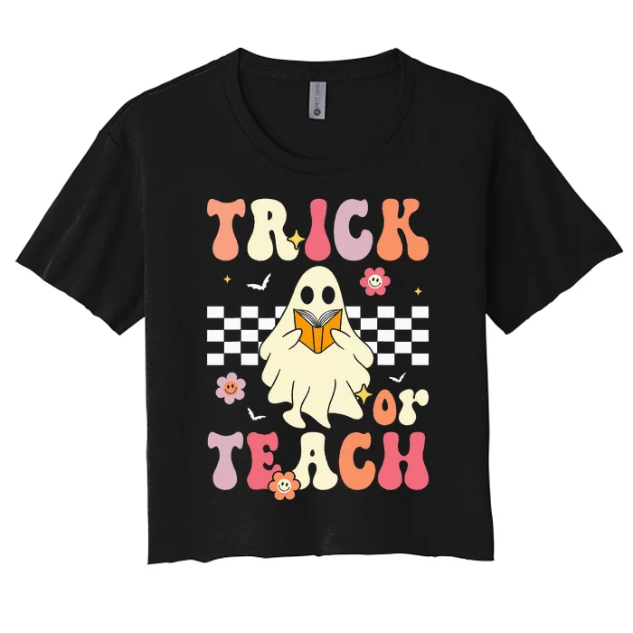 Trick Or Teach Groovy Halloween Retro Floral Ghost Teacher Women's Crop Top Tee