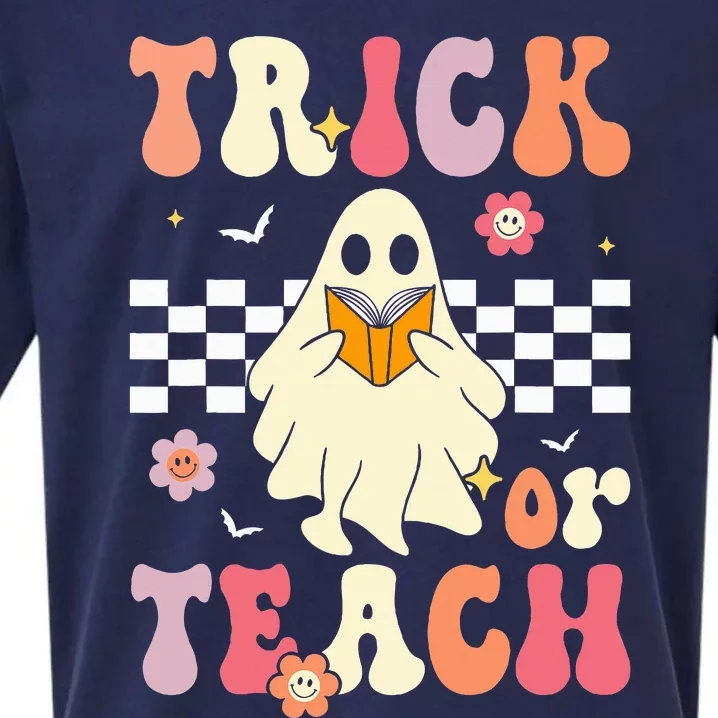 Trick Or Teach Groovy Halloween Retro Floral Ghost Teacher Sueded Cloud Jersey T-Shirt