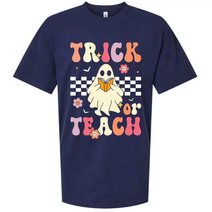 Trick Or Teach Groovy Halloween Retro Floral Ghost Teacher Sueded Cloud Jersey T-Shirt