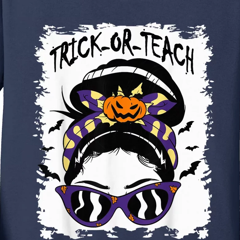 Trick or Teach Cute Halloween Teacher Messy Bun Retro Shades Kids Long Sleeve Shirt