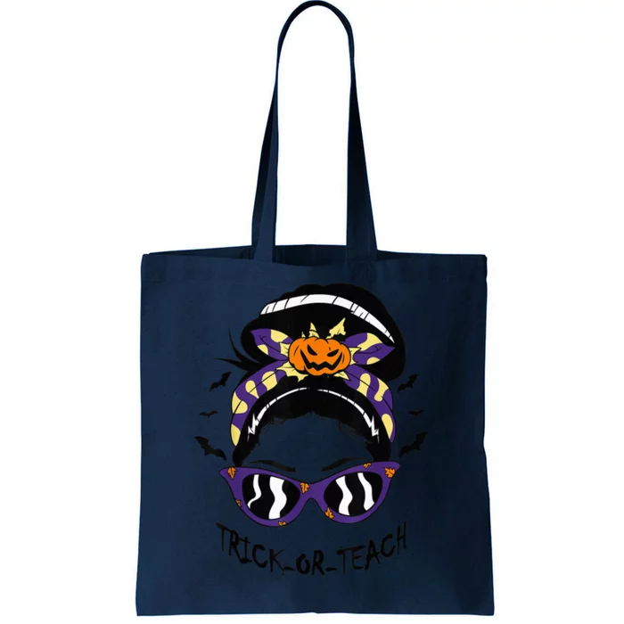 Trick or Teach Cute Halloween Teacher Messy Bun Retro Shades Tote Bag