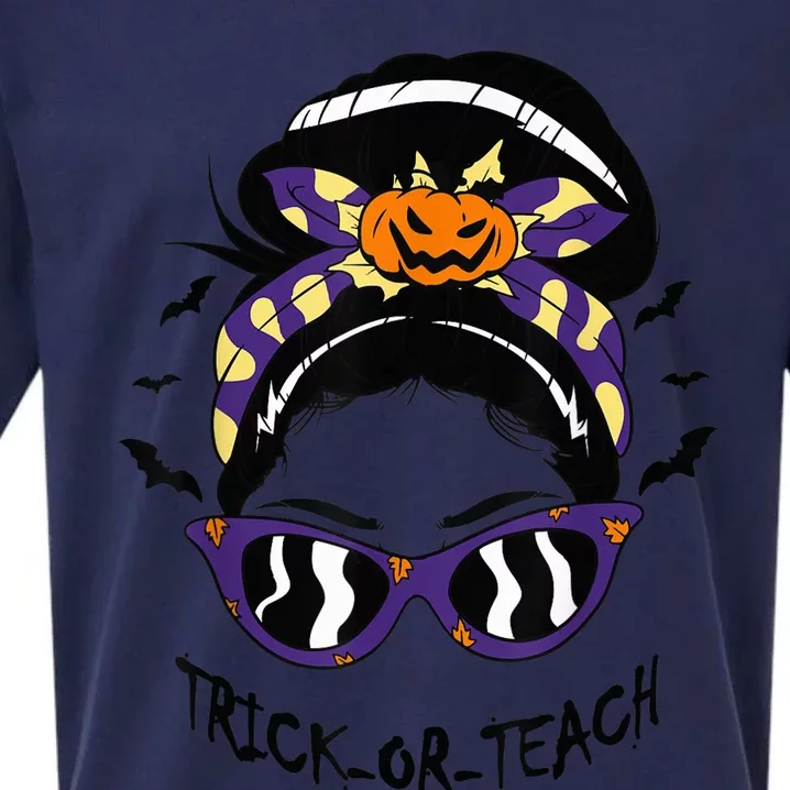 Trick or Teach Cute Halloween Teacher Messy Bun Retro Shades Sueded Cloud Jersey T-Shirt