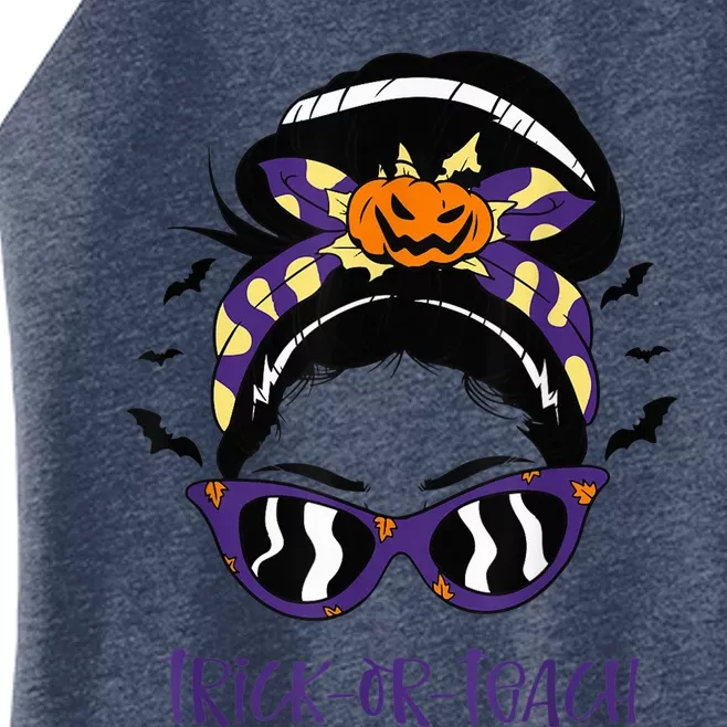 Trick or Teach Cute Halloween Teacher Messy Bun Retro Shades Women’s Perfect Tri Rocker Tank