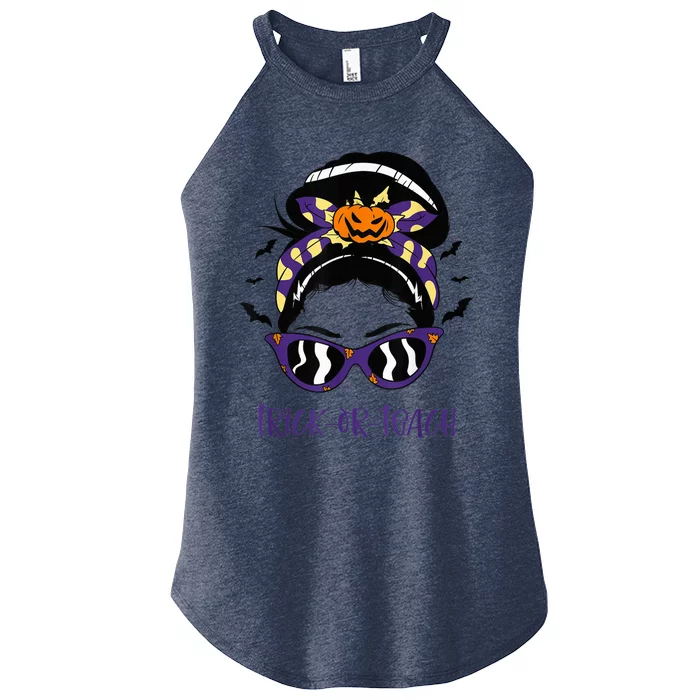 Trick or Teach Cute Halloween Teacher Messy Bun Retro Shades Women’s Perfect Tri Rocker Tank