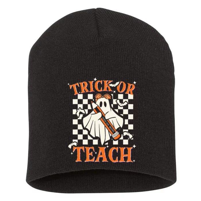 Trick Or Teach Retro Halloween Teacher Short Acrylic Beanie