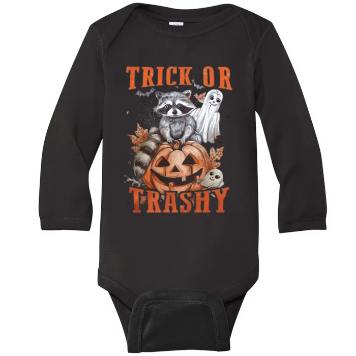 Trick Or Trashy Raccoon Feral Girl Halloween Feral Halloween Baby Long Sleeve Bodysuit