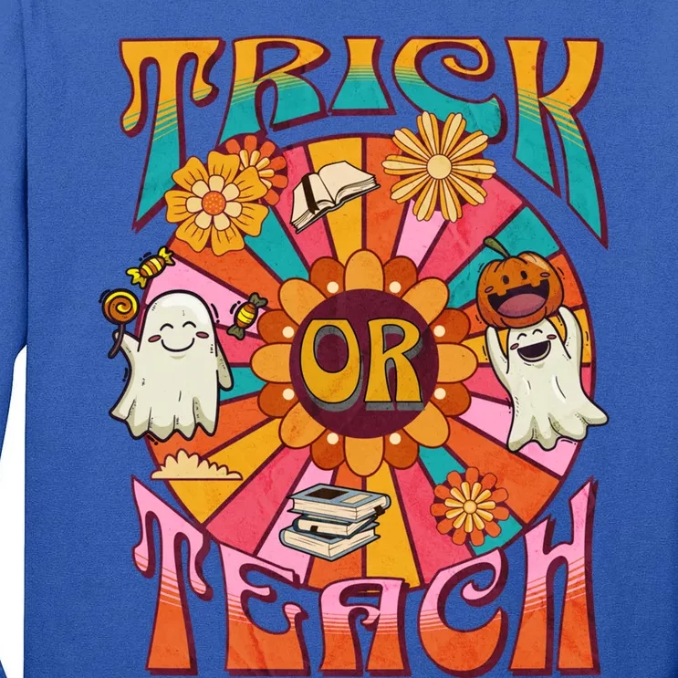 Trick Or Teach Funny Teacher Retro Floral Ghost Halloween Gift Tall Long Sleeve T-Shirt