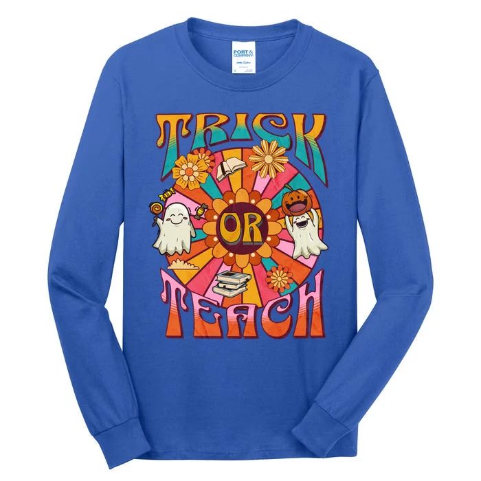 Trick Or Teach Funny Teacher Retro Floral Ghost Halloween Gift Tall Long Sleeve T-Shirt