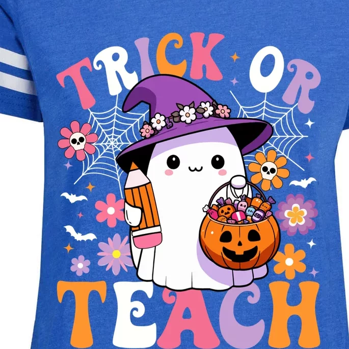 Trick Or Teach Groovy Teacher Ghost Funny Halloween Teacher Gift Enza Ladies Jersey Football T-Shirt