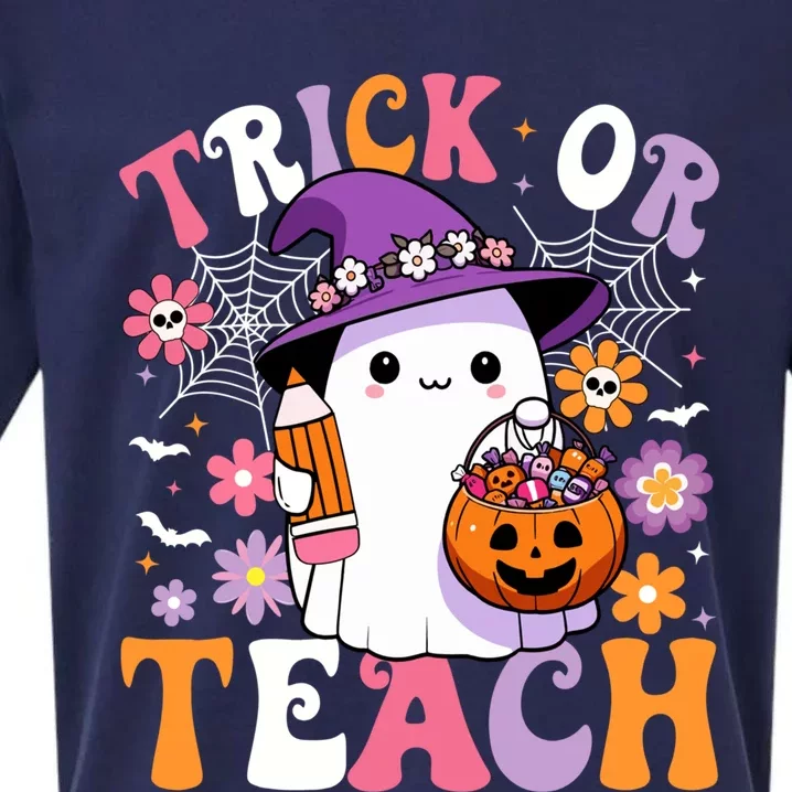 Trick Or Teach Groovy Teacher Ghost Funny Halloween Teacher Gift Sueded Cloud Jersey T-Shirt